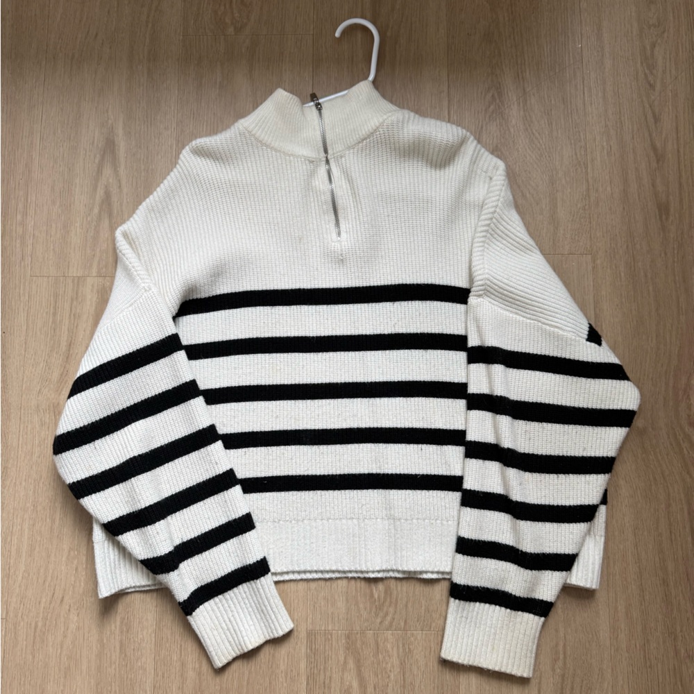 Mango Black and White Striped Turtleneck Zip Up Sweater